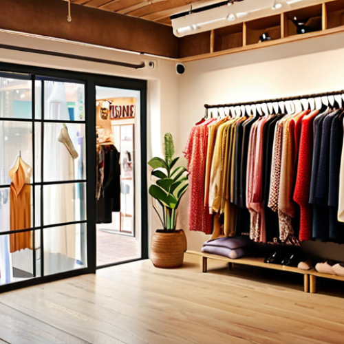 Home 4 **
A cozy clothing store interior with soft lighting, displaying colorful fabrics and garments. Subtle floral scent wafts through the air. Customers browse comfortably, with peaceful expressions. Focus on creating a warm and inviting atmosphere that evokes pleasant memories.
**