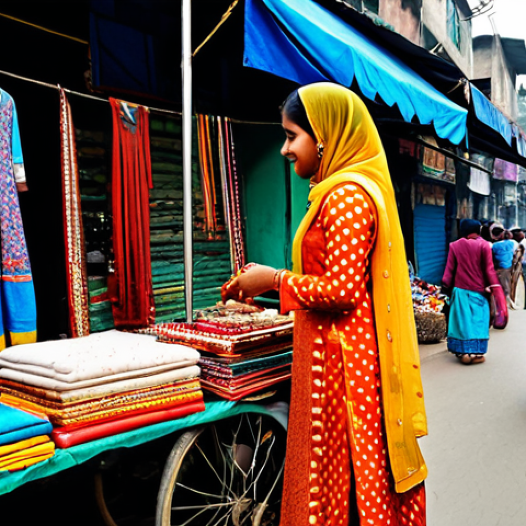 **
"A bustling Dhaka street scene, featuring a female entrepreneur in a vibrant, modest salwar kameez, selling handicrafts at a colorful stall, fully clothed, appropriate attire, safe for work, perfect anatomy, natural proportions, professional photography, high quality, family-friendly."
**
