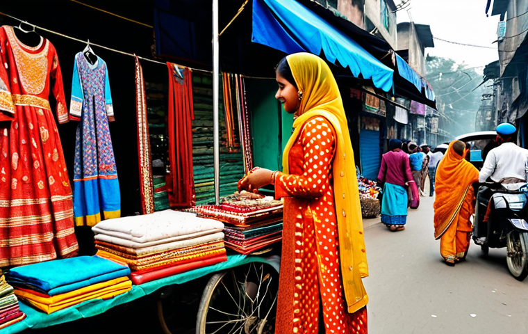 **
"A bustling Dhaka street scene, featuring a female entrepreneur in a vibrant, modest salwar kameez, selling handicrafts at a colorful stall, fully clothed, appropriate attire, safe for work, perfect anatomy, natural proportions, professional photography, high quality, family-friendly."
**