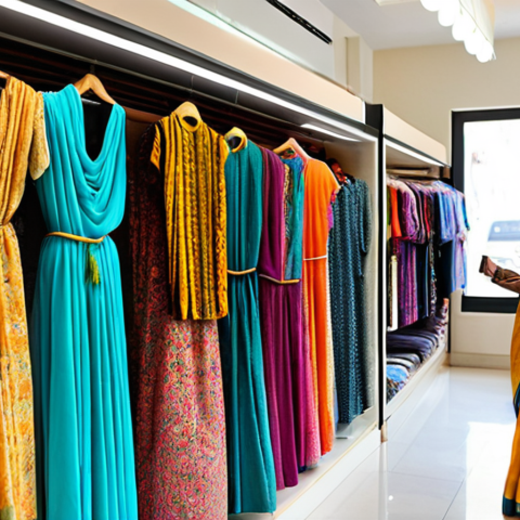 Serene Clothing Store**
"A brightly lit clothing store interior, displaying colorful sarees and kurtas. A subtle floral scent (jasmine or rose) is visually represented by gentle light rays emanating from a diffuser. Shoppers are relaxed and smiling, browsing the garments. Focus on the calming ambiance. safe for work, appropriate content, fully clothed, professional, modest, family-friendly, perfect anatomy, natural proportions, well-formed hands, proper finger count"
**