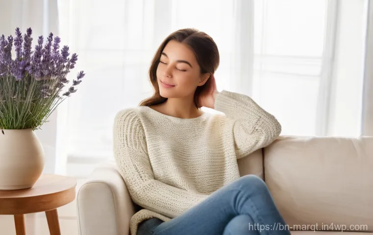 향기 마케팅의 심리적 효과 - Scent of Tranquility and Well-being**
A young woman, approximately 20-25 years old, sits peacefully...