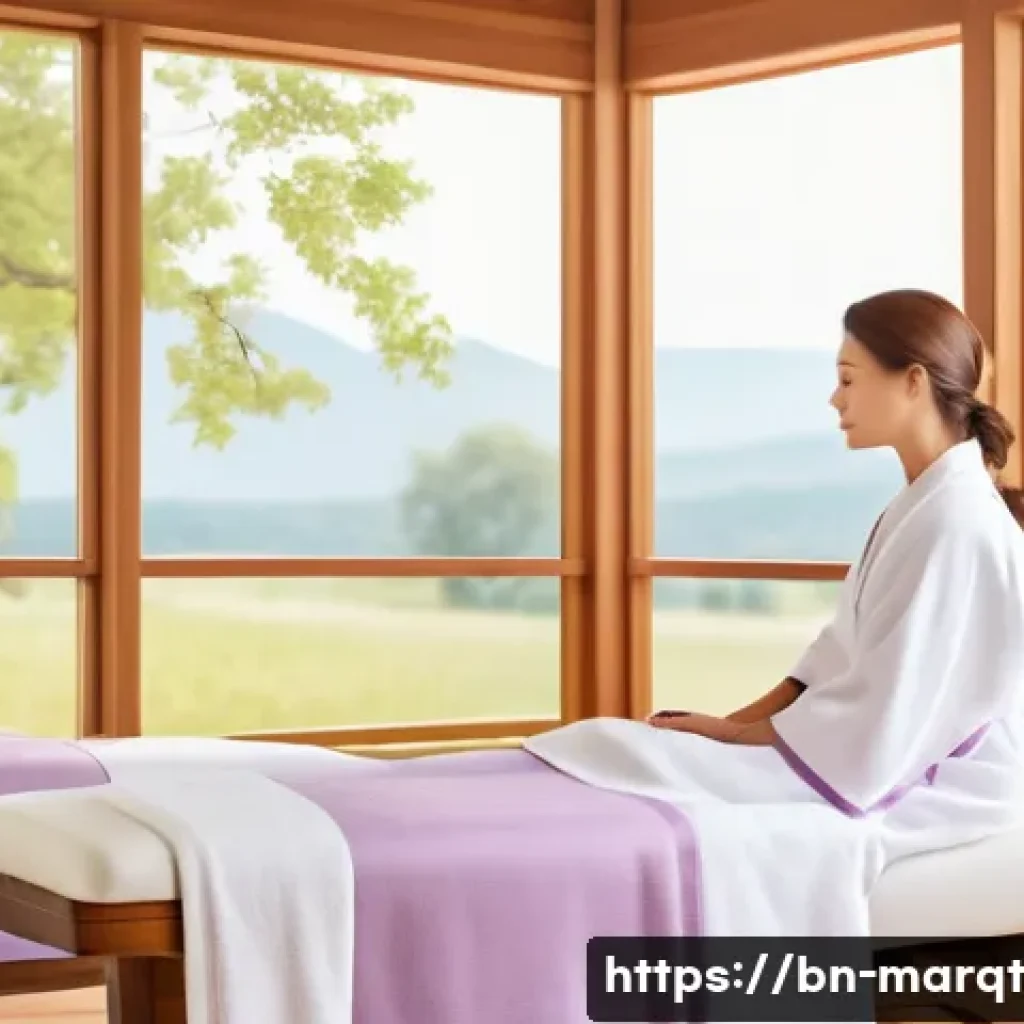 향기 마케팅을 통한 충성 고객 확보 - A serene spa interior filled with soft natural light filtering through large windows, decorated with...