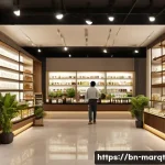 Home 21 향기 마케팅의 위험 요소 및 주의사항 - A modern retail perfume store interior with a subtle, natural fragrance ambiance. The scene shows a ...