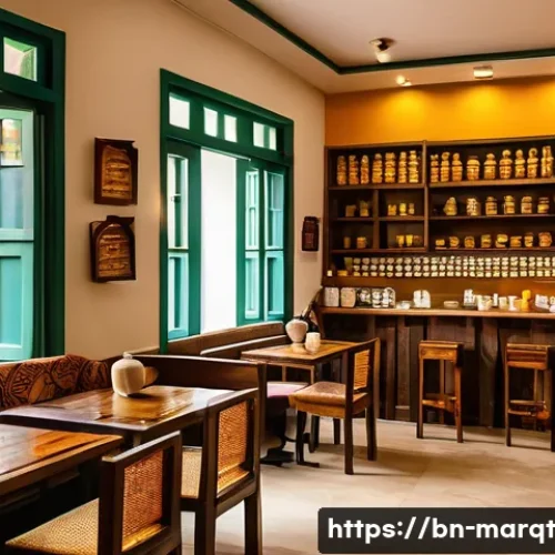 Home 32 향기 마케팅과 고객 세분화 전략 - A cozy coffee shop interior in Bangladesh, warmly lit with natural light filtering through large win...