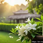 Home 19 향기 마케팅의 문화적 의미 - A serene Bengali garden in early morning light, featuring blooming jasmine and tulsi plants with dew...