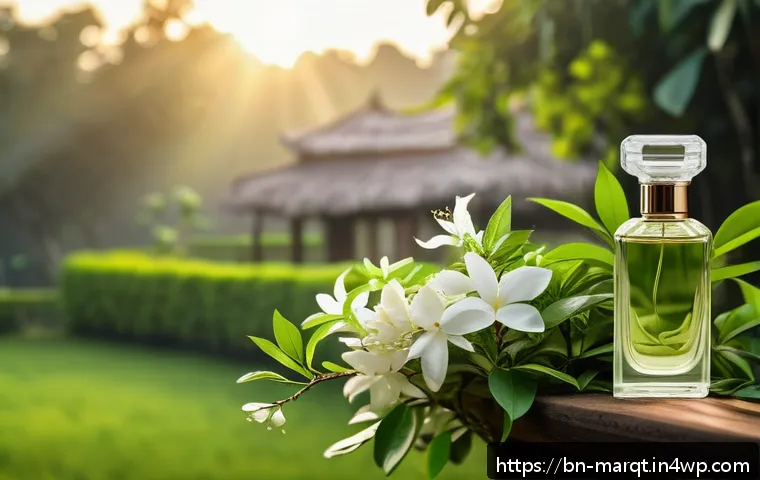 향기 마케팅의 문화적 의미 - A serene Bengali garden in early morning light, featuring blooming jasmine and tulsi plants with dew...