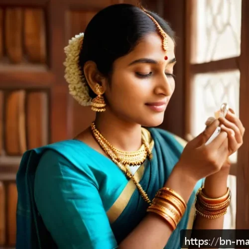 Home 30 향기 선택 시 고려사항 - A serene portrait of a Bengali woman with dry skin, gently applying a rich, moisturizing vanilla-sce...